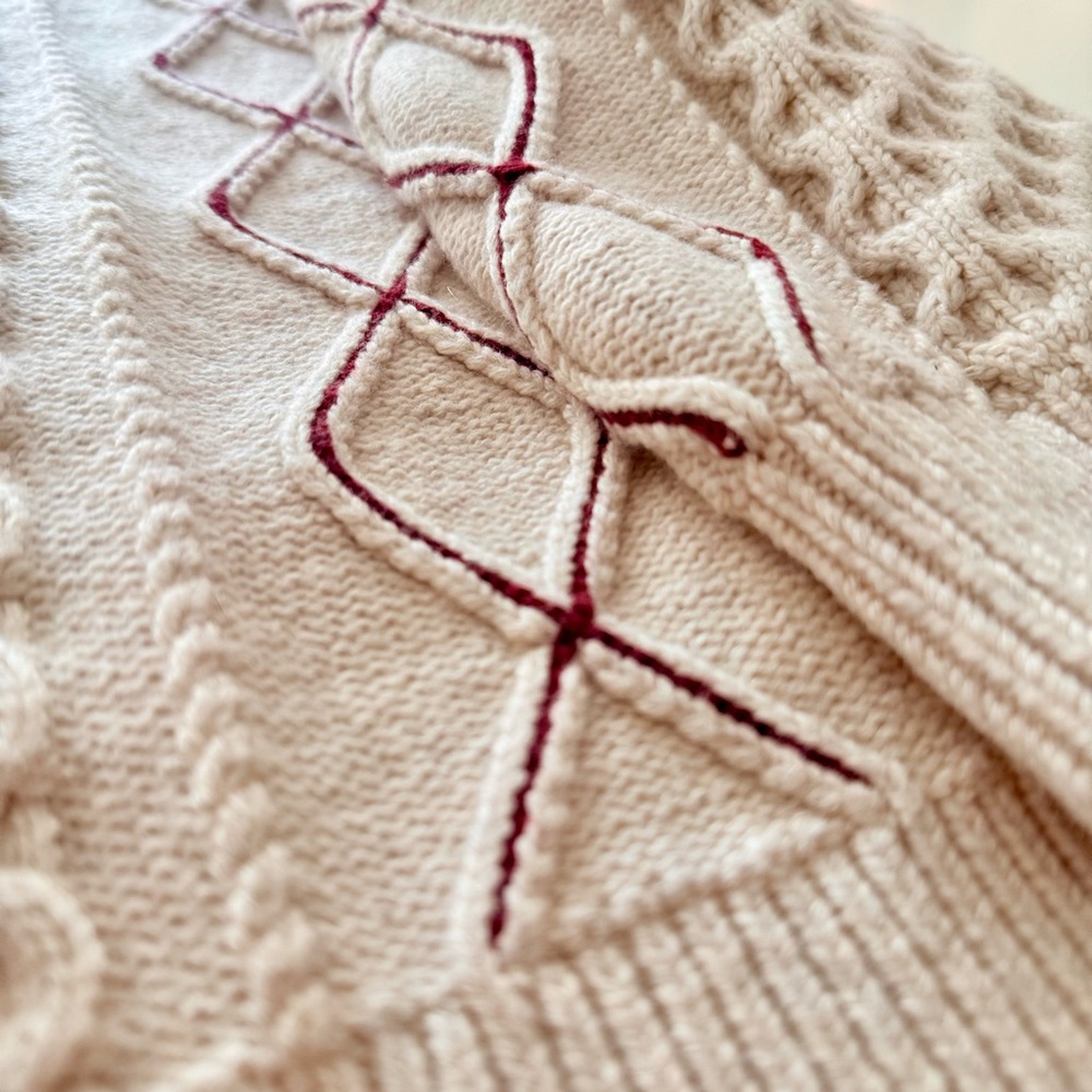 Rails Cream Cable Knit Sweater Burgundy Diamond Stitch Puff Sleeve Knit Top S - Picture 11 of 11